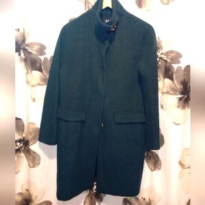 DKNY Soft Woman's Teal Knee Coat. High Collar with leather strap snap closurSide